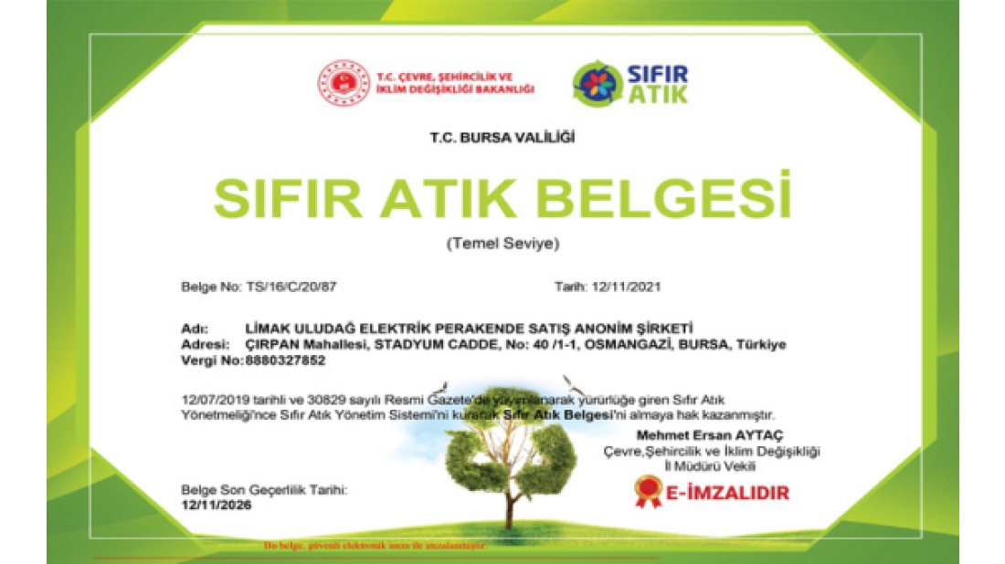 Limak Enerji Uludağ Elektrik, ‘Sıfır Atık Belgesi’ almaya hak kazandı