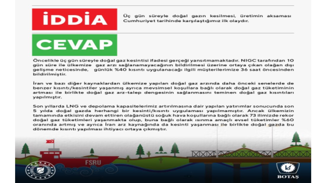 BOTAŞ’tan 3 günlük gaz kesintisi iddialarına yanıt:  “3 gün süreyle kesinti gerçeği yansıtmıyor”